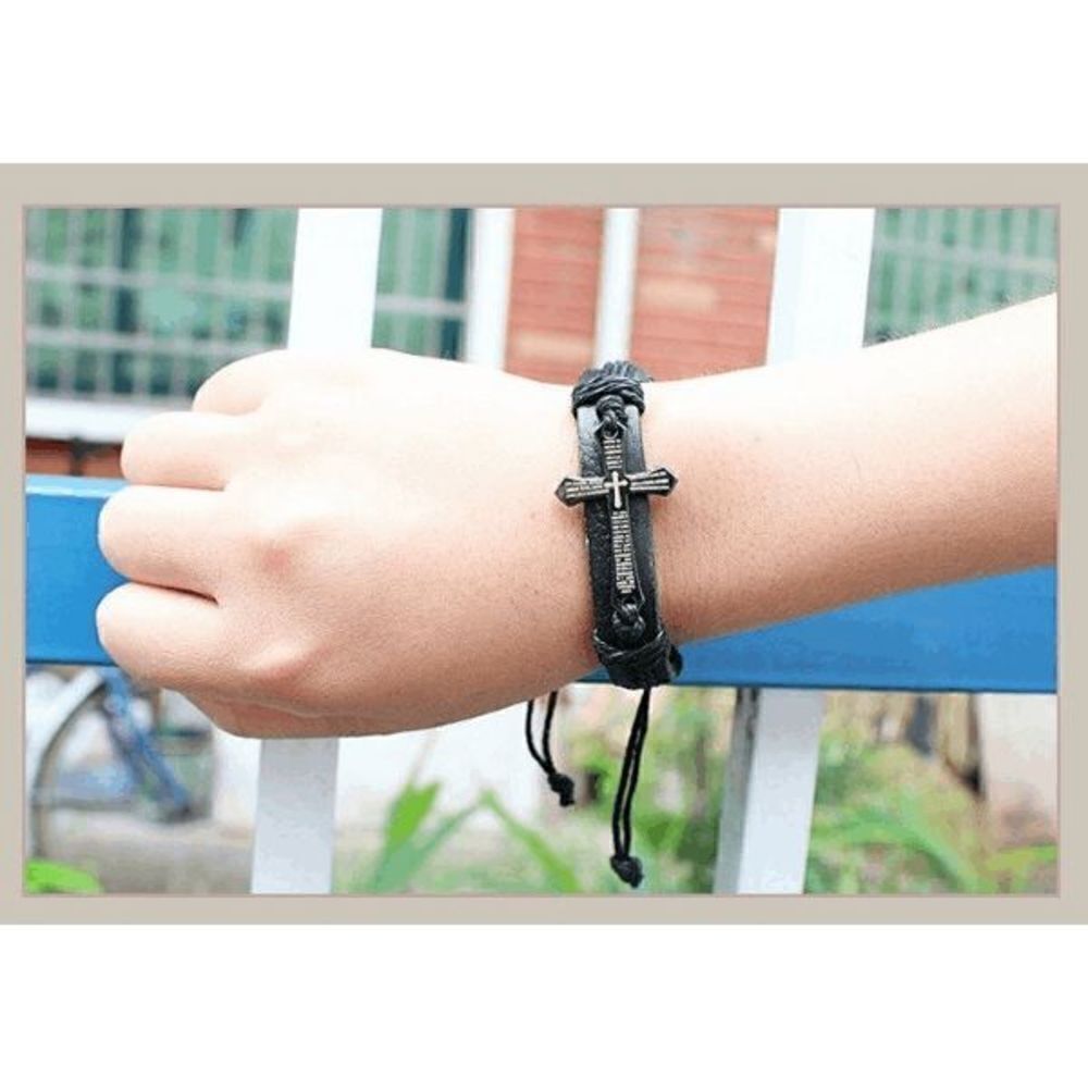 Genuine Black Leather Cross Unisex Bracelet - Picture 3 of 6